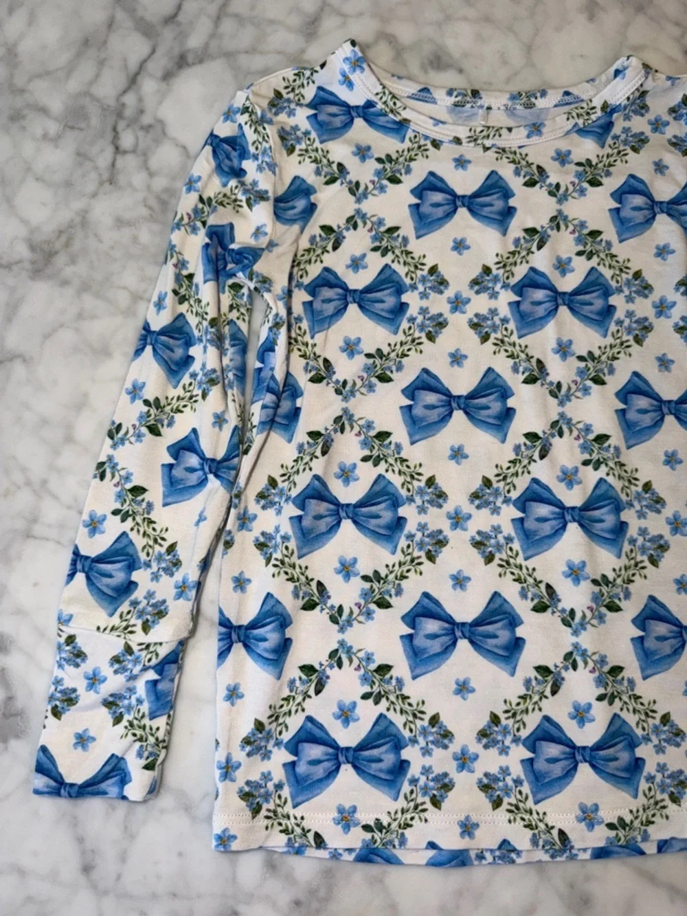 Posh Peanut Blue Bow Floral Long Sleeve Pajama Set 3/4T